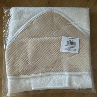cape de bain + gant en gaz de coton beige