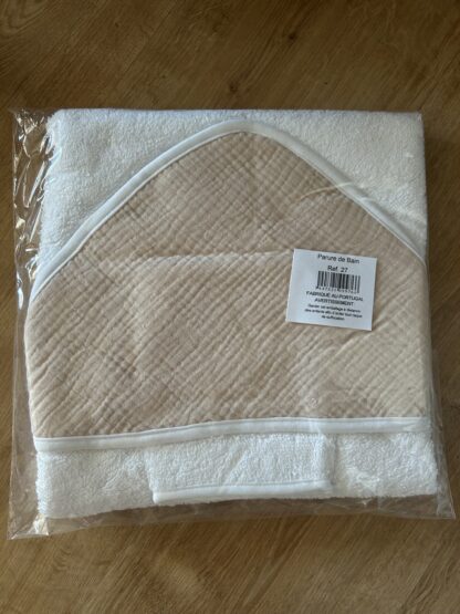 cape de bain + gant en gaz de coton beige