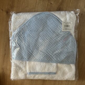 cape de bain + gant en gaz de coton bleu