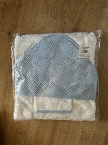 cape de bain + gant en gaz de coton bleu