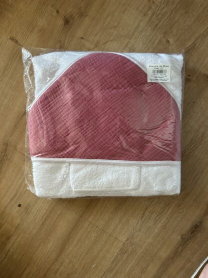 cape de bain + gant gaz de coton rose foncer